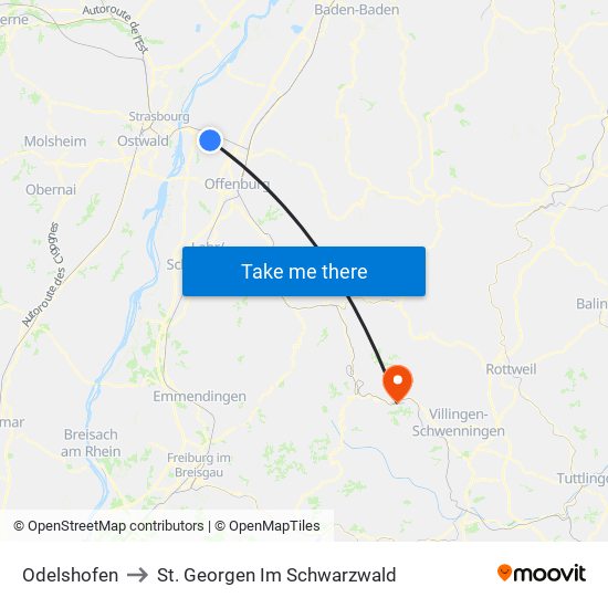 Odelshofen to St. Georgen Im Schwarzwald map