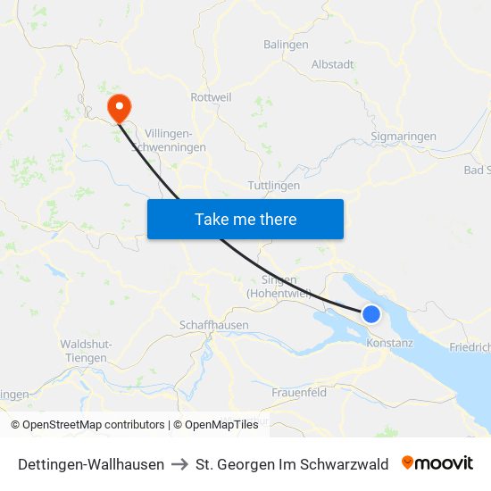 Dettingen-Wallhausen to St. Georgen Im Schwarzwald map