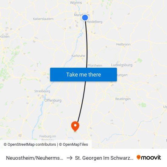 Neuostheim/Neuhermsheim to St. Georgen Im Schwarzwald map