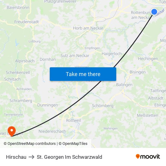 Hirschau to St. Georgen Im Schwarzwald map