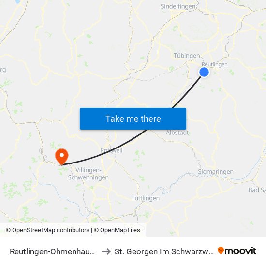 Reutlingen-Ohmenhausen to St. Georgen Im Schwarzwald map