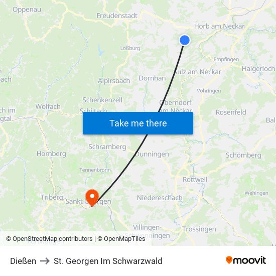 Dießen to St. Georgen Im Schwarzwald map