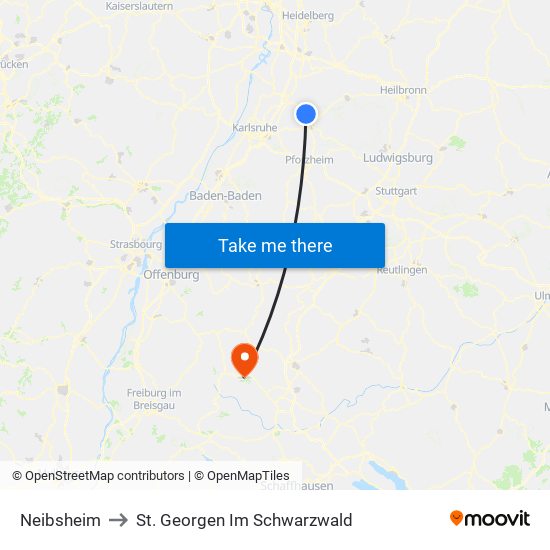 Neibsheim to St. Georgen Im Schwarzwald map