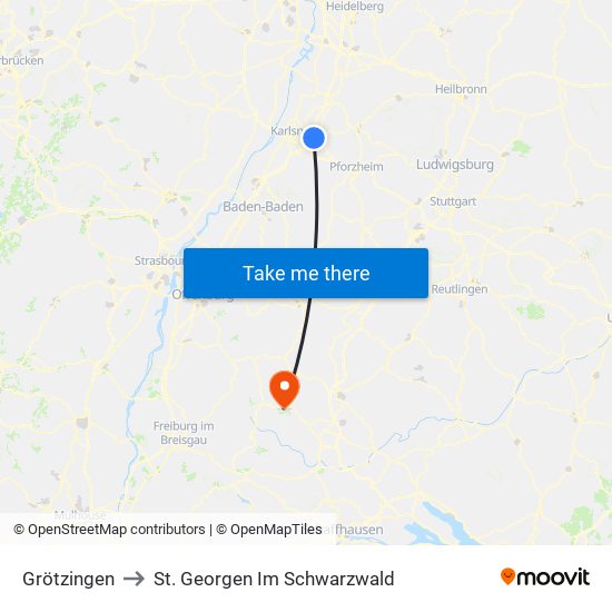 Grötzingen to St. Georgen Im Schwarzwald map