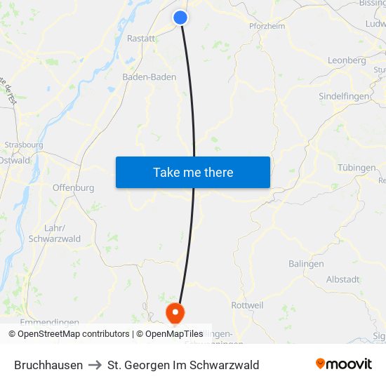 Bruchhausen to St. Georgen Im Schwarzwald map