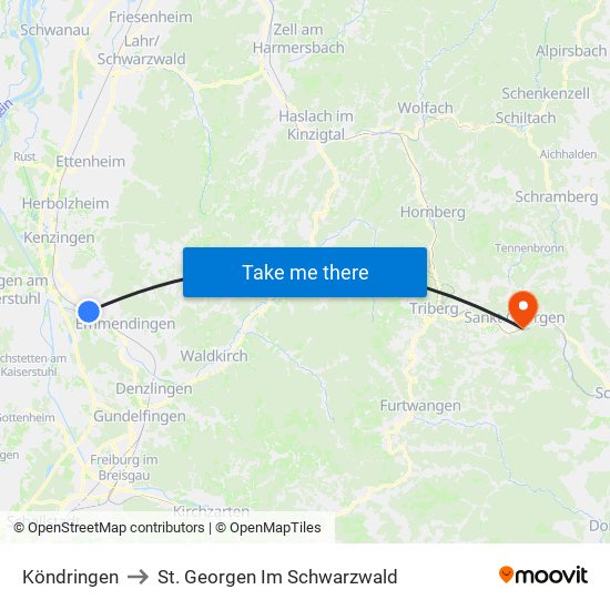 Köndringen to St. Georgen Im Schwarzwald map