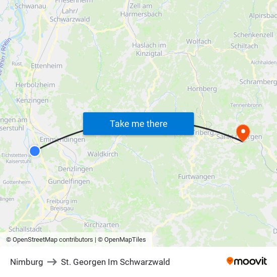 Nimburg to St. Georgen Im Schwarzwald map