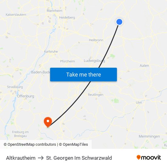 Altkrautheim to St. Georgen Im Schwarzwald map