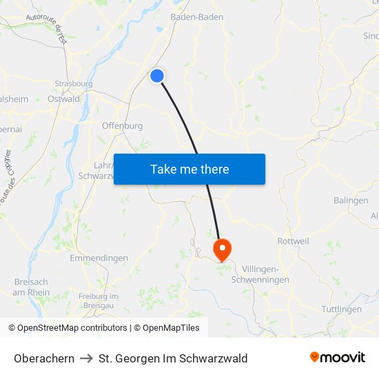 Oberachern to St. Georgen Im Schwarzwald map