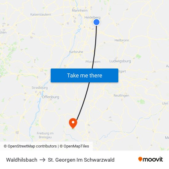 Waldhilsbach to St. Georgen Im Schwarzwald map