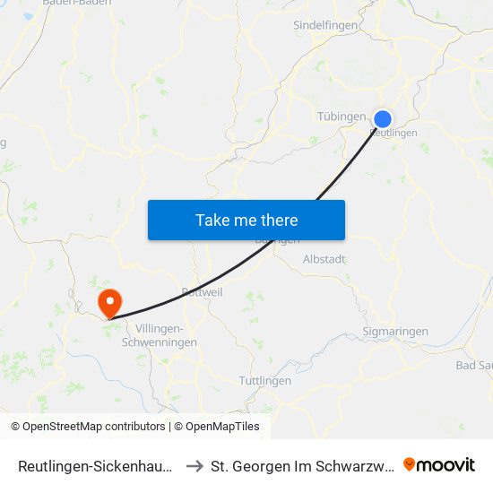 Reutlingen-Sickenhausen to St. Georgen Im Schwarzwald map