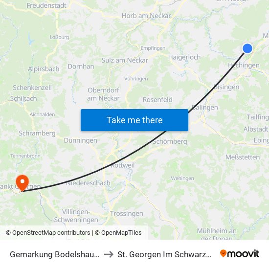 Gemarkung Bodelshausen to St. Georgen Im Schwarzwald map