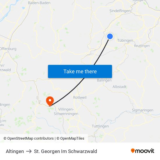 Altingen to St. Georgen Im Schwarzwald map