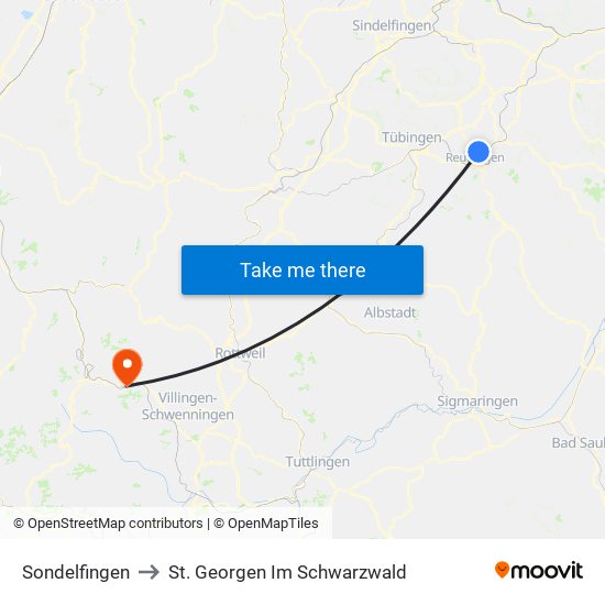 Sondelfingen to St. Georgen Im Schwarzwald map