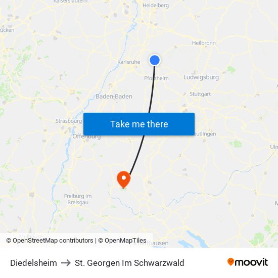 Diedelsheim to St. Georgen Im Schwarzwald map