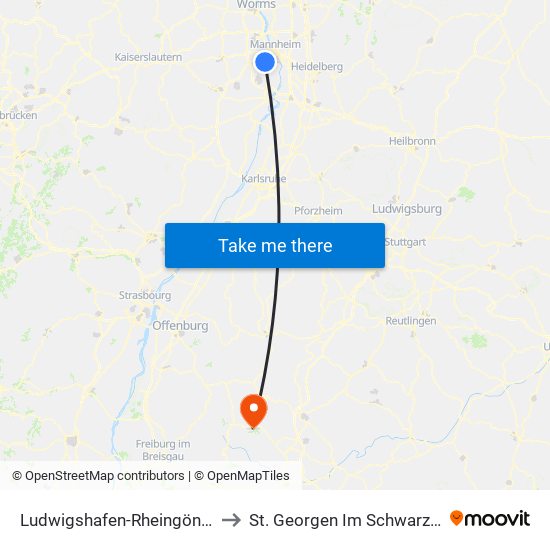 Ludwigshafen-Rheingönheim to St. Georgen Im Schwarzwald map