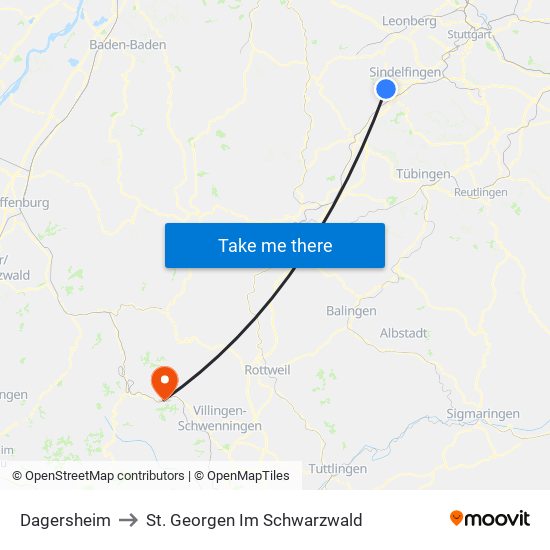 Dagersheim to St. Georgen Im Schwarzwald map