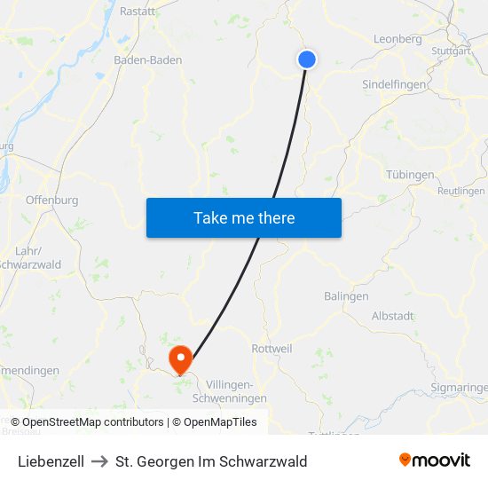 Liebenzell to St. Georgen Im Schwarzwald map