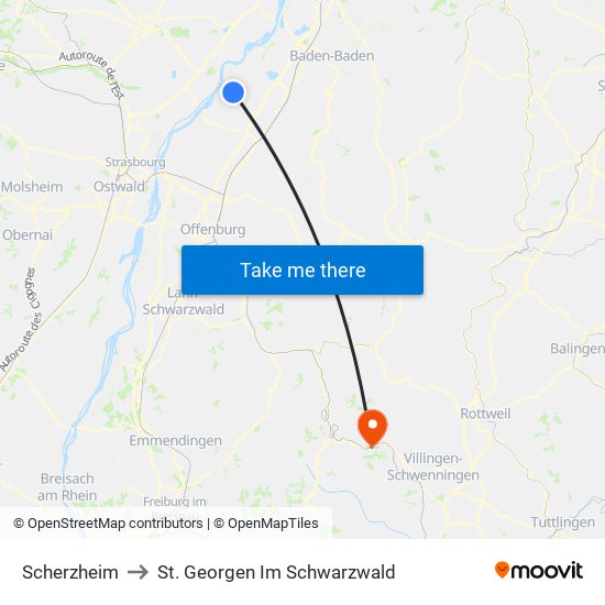 Scherzheim to St. Georgen Im Schwarzwald map