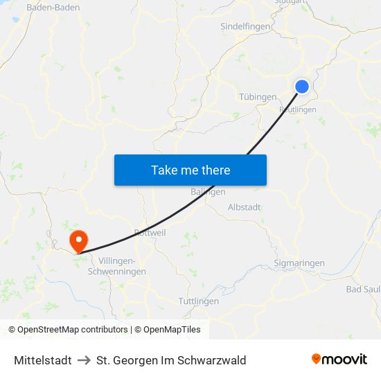 Mittelstadt to St. Georgen Im Schwarzwald map