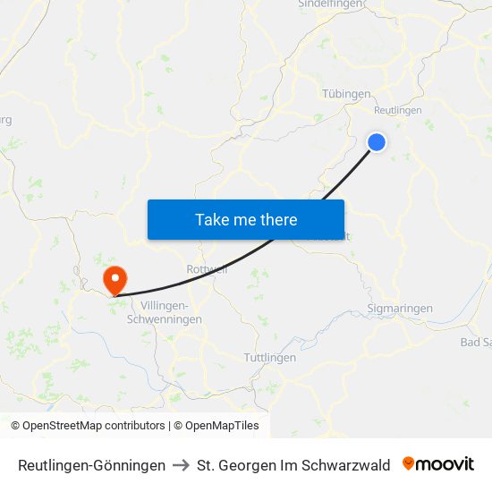 Reutlingen-Gönningen to St. Georgen Im Schwarzwald map