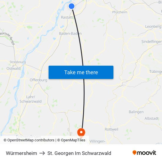 Würmersheim to St. Georgen Im Schwarzwald map