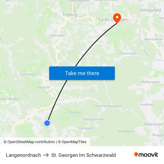 Langenordnach to St. Georgen Im Schwarzwald map
