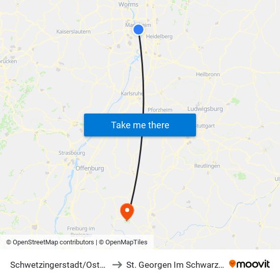 Schwetzingerstadt/Oststadt to St. Georgen Im Schwarzwald map