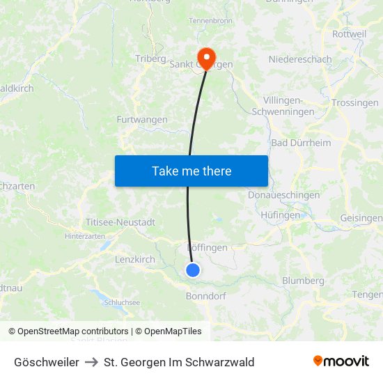 Göschweiler to St. Georgen Im Schwarzwald map