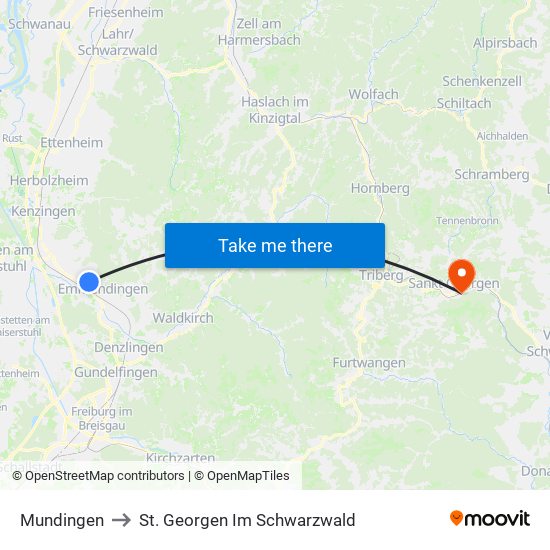 Mundingen to St. Georgen Im Schwarzwald map