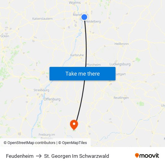 Feudenheim to St. Georgen Im Schwarzwald map