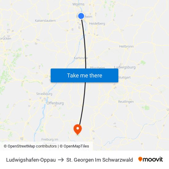 Ludwigshafen-Oppau to St. Georgen Im Schwarzwald map