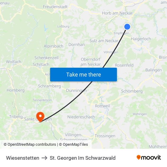 Wiesenstetten to St. Georgen Im Schwarzwald map