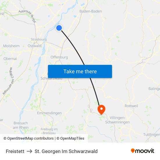 Freistett to St. Georgen Im Schwarzwald map