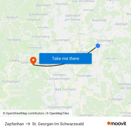 Zepfenhan to St. Georgen Im Schwarzwald map