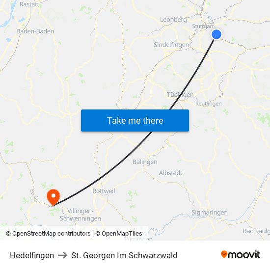 Hedelfingen to St. Georgen Im Schwarzwald map