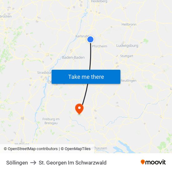 Söllingen to St. Georgen Im Schwarzwald map