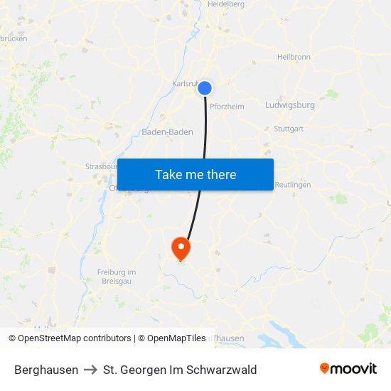 Berghausen to St. Georgen Im Schwarzwald map