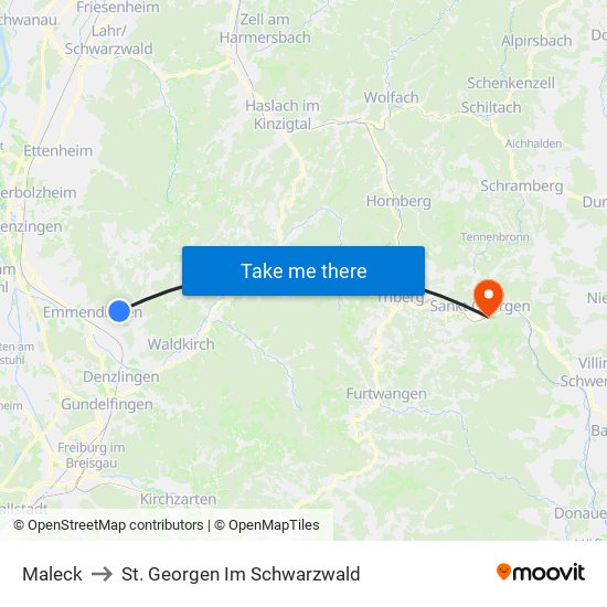 Maleck to St. Georgen Im Schwarzwald map