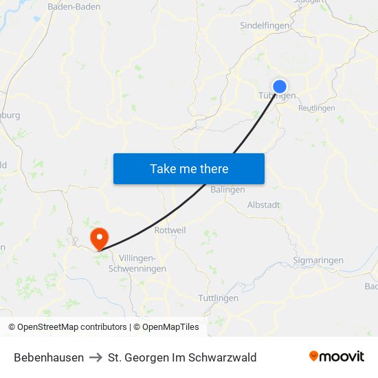 Bebenhausen to St. Georgen Im Schwarzwald map