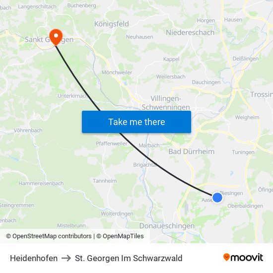 Heidenhofen to St. Georgen Im Schwarzwald map