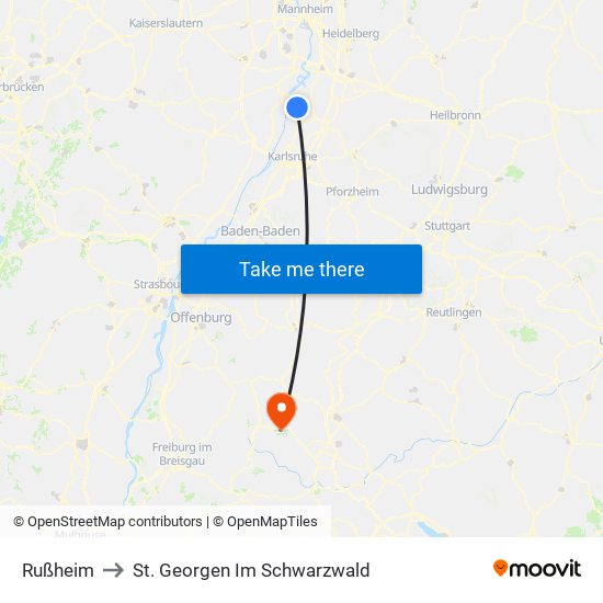 Rußheim to St. Georgen Im Schwarzwald map