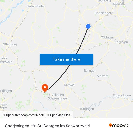 Oberjesingen to St. Georgen Im Schwarzwald map