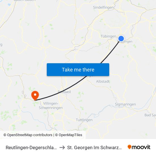 Reutlingen-Degerschlacht to St. Georgen Im Schwarzwald map