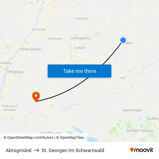 Abtsgmünd to St. Georgen Im Schwarzwald map