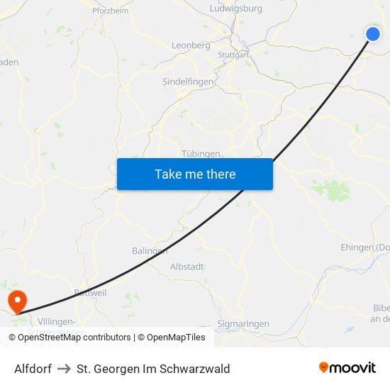 Alfdorf to St. Georgen Im Schwarzwald map