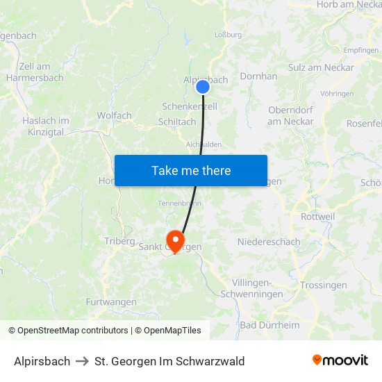Alpirsbach to St. Georgen Im Schwarzwald map