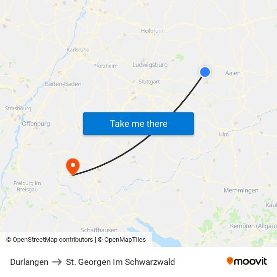 Durlangen to St. Georgen Im Schwarzwald map