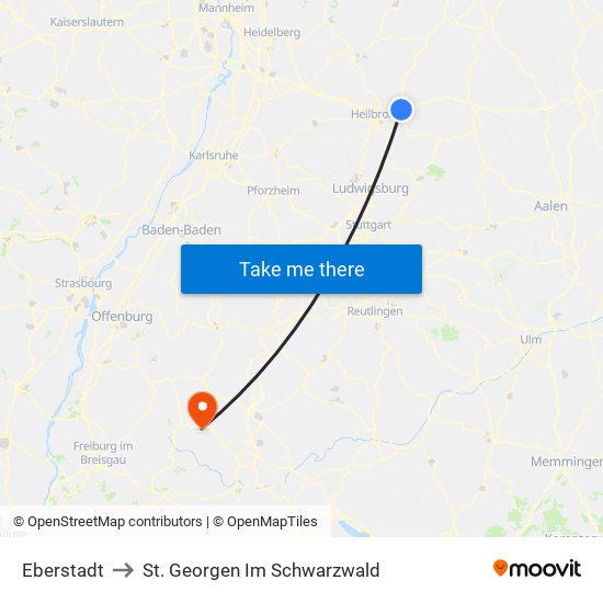 Eberstadt to St. Georgen Im Schwarzwald map