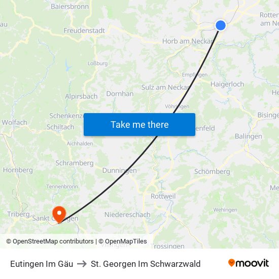 Eutingen Im Gäu to St. Georgen Im Schwarzwald map